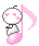 A 4x4 contact sheet of a pixel art animation featuring a white stick figure with pink heart eyes riding a large pink musical note, each frame showing slight variations in the character's pose and the note's flag position.