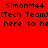 Red background with black text repeating 'SimonM44 (Tech Team) here to he' in multiple , some text blocks partially obscured by white rectangles