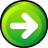 Green circular button with white right-pointing arrow on gradient background, bordered by black pixelated edge.