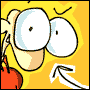 Cartoon character with large white eyes and a yellow face, wearing red clothing against a bright yellow background.