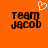 Orange background with two identical pixelated text blocks reading 'team jacob' and a white heart symbol above the left block.