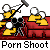 Animated sequence of yellow figures in red chairs with white heads, repeatedly holding black microphones, with 'Porn Shoot' text below and 'CUT!' in the final frame.