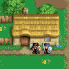 Pixel art scene shows two armored figures with shields standing before a thatched-roof cottage, surrounded by green grass and trees.