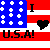 Static pixel art icon featuring a stylized U.S. flag with blue field of white crosses, red and white stripes, black text "I" and "U.S.A!", and a black heart symbol.