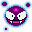 Pixelated purple circular icon with light blue border, pink top dot, and white eyes showing teeth in various expressions
