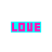 nine identical rectangular icons displaying the word 'LOVE' in stylized block letters with varying color combinations against a cyan background