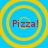 Four identical circular icons with yellow concentric rings on a blue background, each displaying red text "Pizza!" in the center.