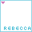 white with cyan borders displays a sequence of pink heart icons moving across the top and bottom while text below changes from 'REBECCA' to 'REBECCA' in alternating colors