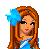 Pixelated icon of a person with long brown hair wearing blue clothing and a large blue bow on the left side, set against a light checkered background.