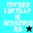 Pixelated text 'messy lyenlle is amazing xd' with star symbols on cyan, teal, black backgrounds.