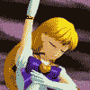 Pixelated anime-style character with blonde hair and purple bow performs sequential actions against purple background.