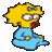 Pixelated cartoon character with yellow hair and blue bow, wearing light blue dress, in three sequential poses showing mouth opening/closing and head turning.