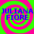 Four identical display blue text on a green and pink spiral background with no visible animation changes