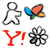 Four distinct pixelated icons arranged in a 2x2 grid on a light gray background: a black outline figure, a colorful butterfly, red text 'Y!', and a black floral shape.