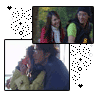 repeated images showing two people in a vehicle, with one person in a dark jacket and another in a red and green shirt, surrounded by black and white dot patterns