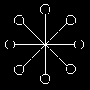 White geometric starburst pattern with eight arms on black background, showing progressive fill of circular nodes from outer to inner positions across three of each