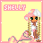 Pixel art character with long braided hair wearing pink and white hat, seated on pink rock-like shapes against yellow background with 'SHELLY' text in top-left.