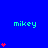 Blue background with green 'mikey' text and red heart stacks in a pattern