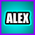 Pixelated text 'ALEX' in white with black outline inside cyan border on teal background, framed by purple edge.