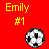 Red background with yellow text 'Emily #1' and a pixelated soccer ball icon in the bottom right.