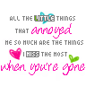 A static contact sheet of six identical frames showing a text-based buddy icon with pink, gray, and blue typography alongside heart symbols on a white background.