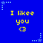 Blue background with yellow text "I likee you <3" repeated in a pattern, surrounded by small white and light blue star shapes