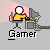 A 4x4 contact sheet of a pixel art animated icon showing a stick figure gamer at a desk with changing background colors and an explosion effect in the final row.