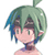 Pixelated anime-style character head with green hair and blue highlights, wearing a dark cap, on white background.