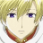 Pixelated anime-style face with blonde hair, purple eyes, and a red collar, static image with no visible text or motion.
