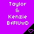 Purple background with white text reading "Taylor & Kenzie BfFIUwD" and a black triangular shape containing a purple heart, displayed in three identical vertical sections.