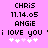 Pixelated text on pink background with two identical side-by-side layouts showing 'CHRIS', date, name, and phrase above four white hearts.