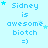 Pixelated text reads "Sidney is awesome biotch =)" with scattered star symbols on a light blue background.