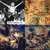 Pixelated image divided into four quadrants with distinct color schemes: top-left black-and-white, top-right warm tones, bottom-left dark blue, bottom-right multicolored.