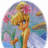 Pixelated cartoon character with blonde hair and blue eyes, wearing a white dress with green accents, standing against a colorful background of pink flowers and purple clouds.