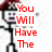 A pixelated animation of a stick figure with red hair and dark clothing, displaying sequential text phrases in red lettering against a white background.