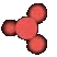 Four variations of a red molecular structure icon with three smaller circles attached to a central circle, displayed in different orientations on a gray background.