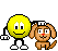 Yellow circular figure with white eyes and black pupils stands beside brown dog-like creature wearing small dark cap, both on gray background.