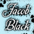 Light blue background with black splatter pattern, silver script text reading Jacob Black in two lines.