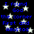 Blue pixelated text on black background with white stars, repeating 'I found God the corner First and Amistad' in two