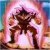 Pixelated figure in dynamic pose with dark hair, brown clothing, and pinkish-purple aura against blue and orange background.