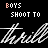 Animated sequence of 'BOYS SHOOT TO' text with color-coded letters and repeated 'trill' script, cycling through orange, yellow, green, cyan hues on black background.