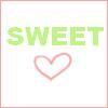 Green text reading SWEET above a pink outlined heart on a white background with faint horizontal lines.