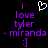 Pixelated purple text on black background with white heart symbol above 'i love tyler - miranda :]'.