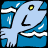 Pixelated blue fish with yellow eye, white mouth, and light blue body against black background.