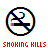 Four circular no-smoking icons arranged in a , each with red or black borders and crossed-out cigarette symbols above pixelated text reading "SHOKING KILLS"