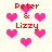 Pixelated red text 'Peter & Lizzy' surrounded by pink heart shapes on a light background.