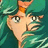 Pixelated anime-style character with teal hair and orange highlights, wearing a dark green outfit against a matching background.