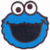 A pixelated blue cartoon character with large eyes and a wide open mouth next to vertical blue text reading "me want cookie" on a white background.