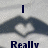 Pixelated image with dark blue text reading 'I Love Really You' over a light gray background featuring two hands forming heart shapes.