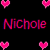 Pixelated pink hearts and the name "Nichoie" in red-blue gradient text on a black background, with heart symbols surrounding the text.